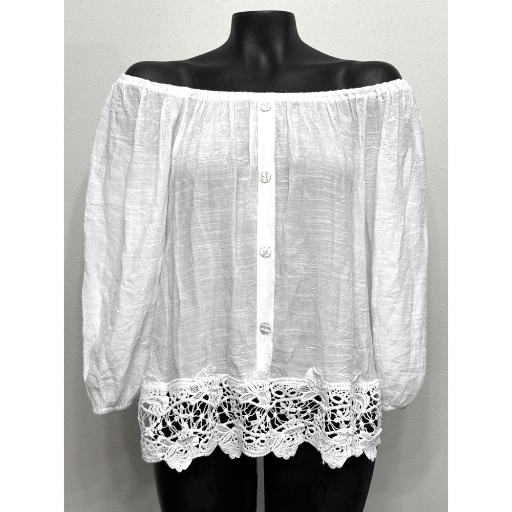 Unique Spectrum White Off Shoulder Peasant Blouse Womens XL Button Lace Hem Boho